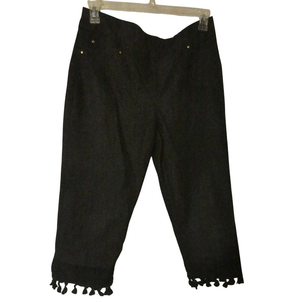 Ruby Rd. Women's 14 Cropped Fringed Black Pull On Pants Stretchy Business Casual